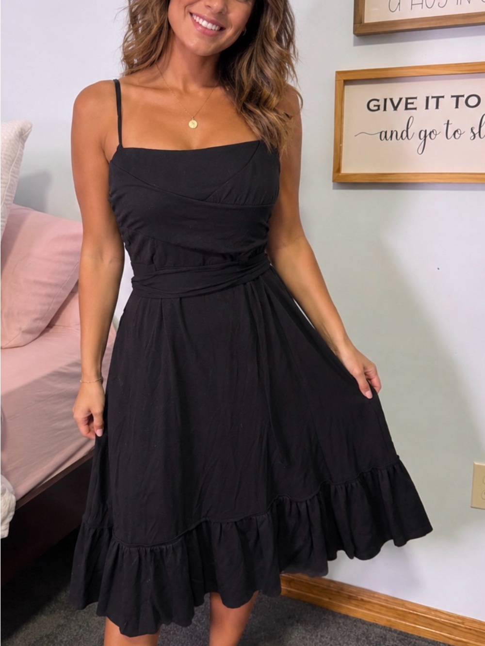 Free People Black Spaghetti-Strap Ruffle Midi Dress Size S